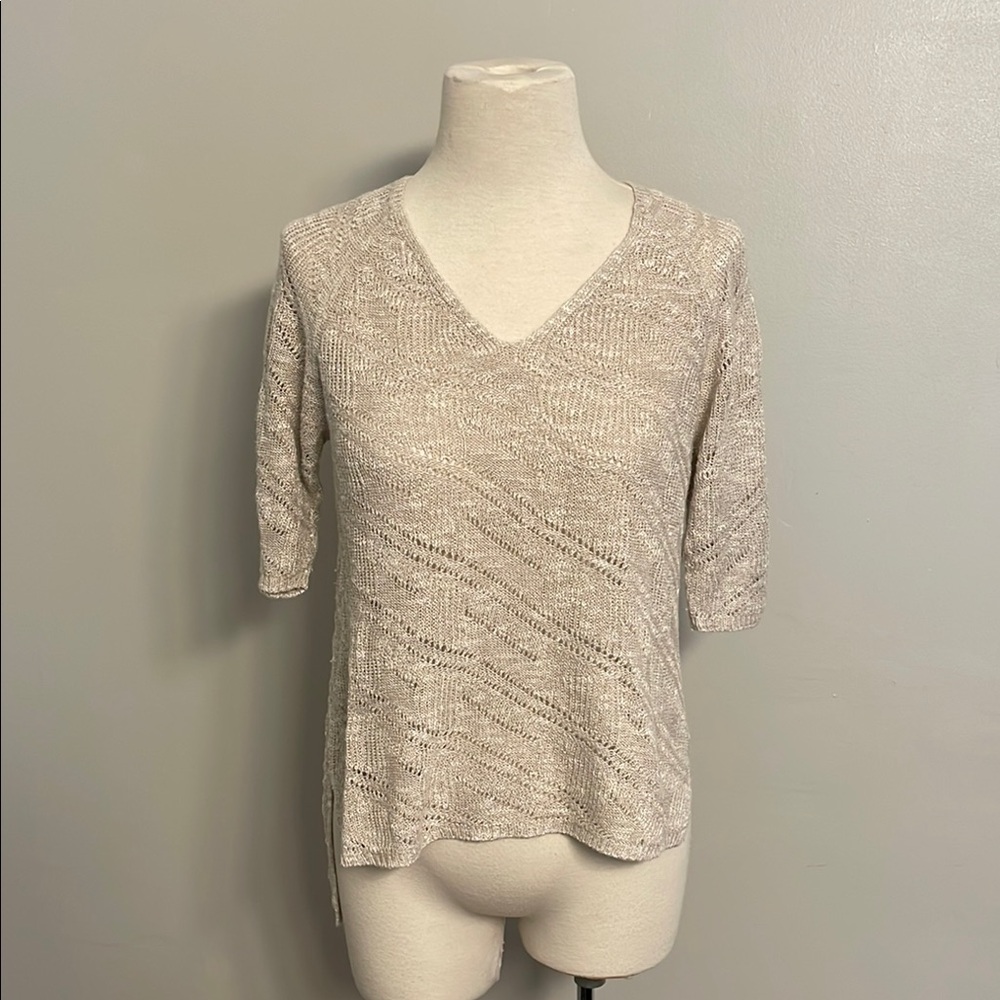 Eileen Fisher Petite Beige V-Neck Pointelle Chevron Italian Yarn Sweater PS